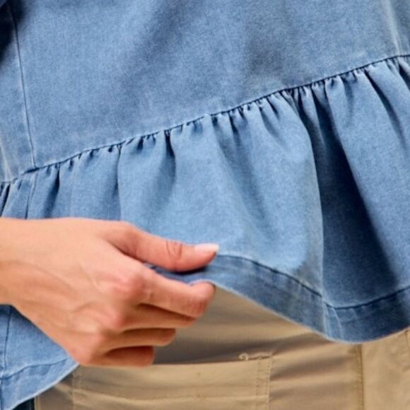 SO ME Denim Bow Cuff Short Puff Sleeves Denim Peplum Top sz Small - Picture 5 of 11